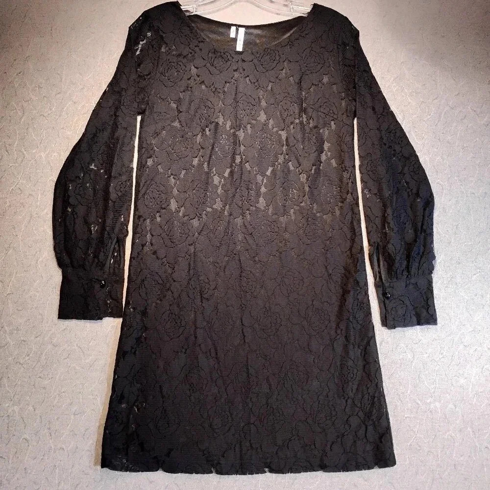 Studio Y Women's Black Long Sleeve Lined Lace Dress Scoop Neck Size Small